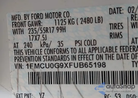 2015 Ford Escape Se z USA, uszkodzony, nr VIN 1FMCU0G9XFUB65198
